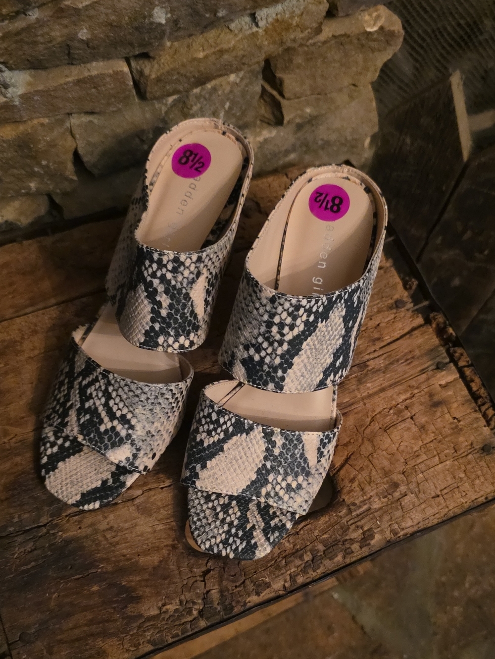 Madden Girl Snake-Print Slide Mules in Black and Cream